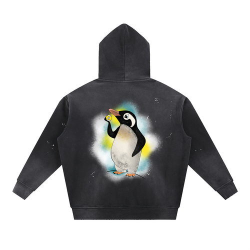 Angry Penguin, Vintage Washed Frayed Fleece Hoodie