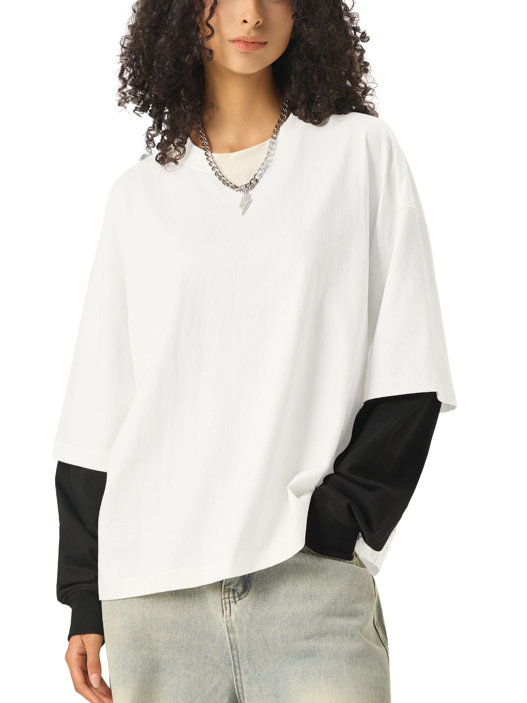 Rose of Death Layered Contrast Sleeve Cotton T-Shirt